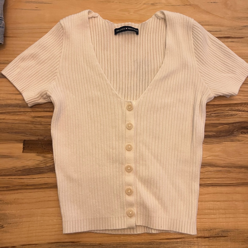 Brandy Melville Beige Ribbed V-Neck Top